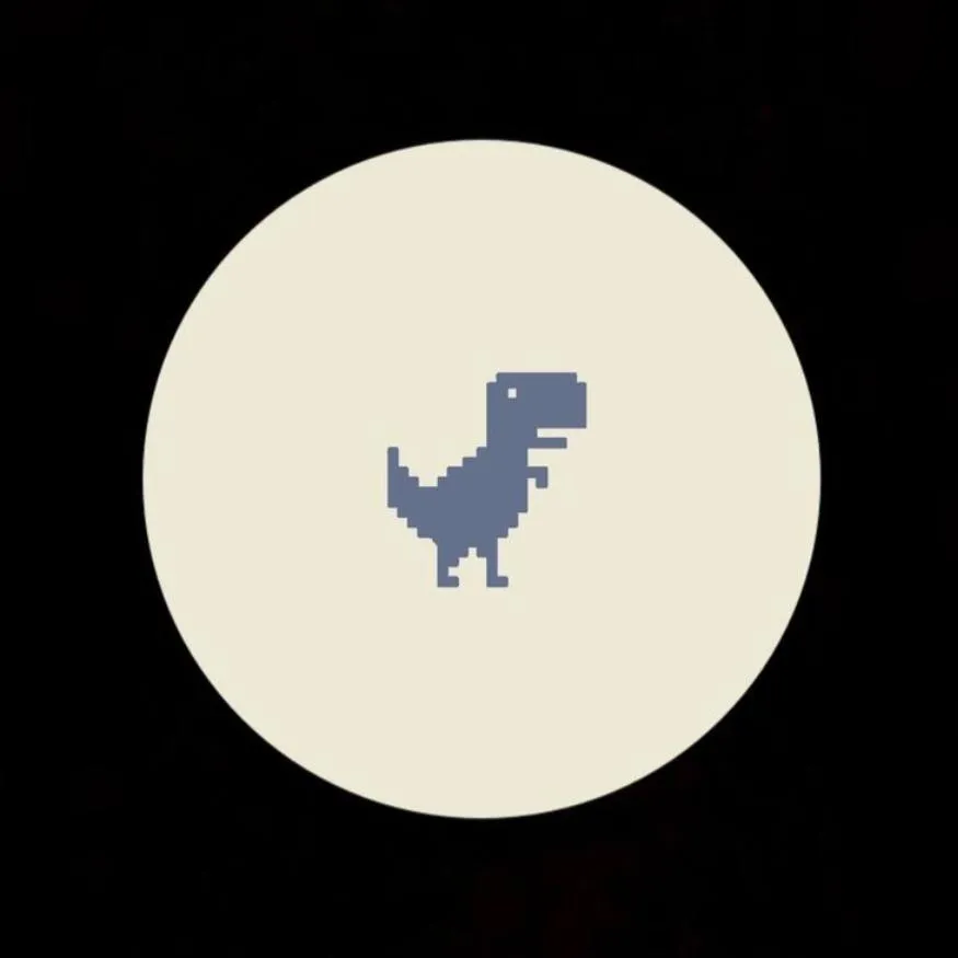 Dinosaur PFP #13: The small grey blue pixel dinosaur from the Chrome offline game sits in the middle of a cream circle on a black background.