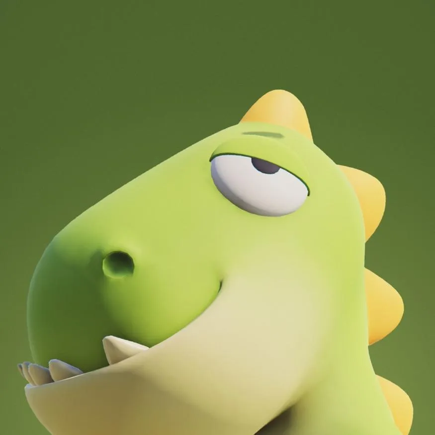 Dinosaur PFP #14: A pale green 3D dinosaur with yellow back spikes and a toothy smirk gives a sideways glance against an olive green background.