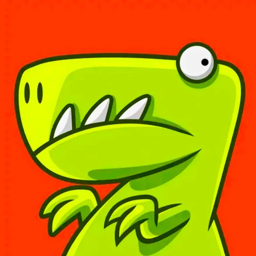 Dinosaur PFP #15: A lime green cartoon dinosaur with one big round eye and sharp white teeth raises its little claws on a bright red background.