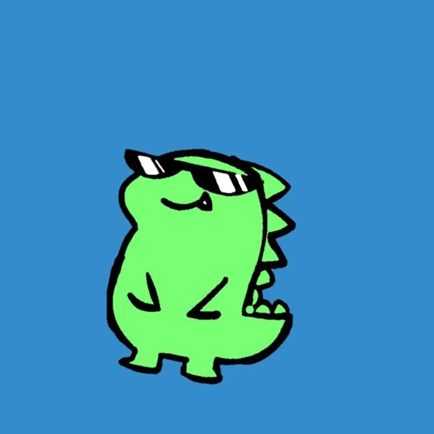 Dinosaur PFP #17: A bright green doodle dinosaur with spiky back plates wears black sunglasses and a smug little smile on a plain blue background.