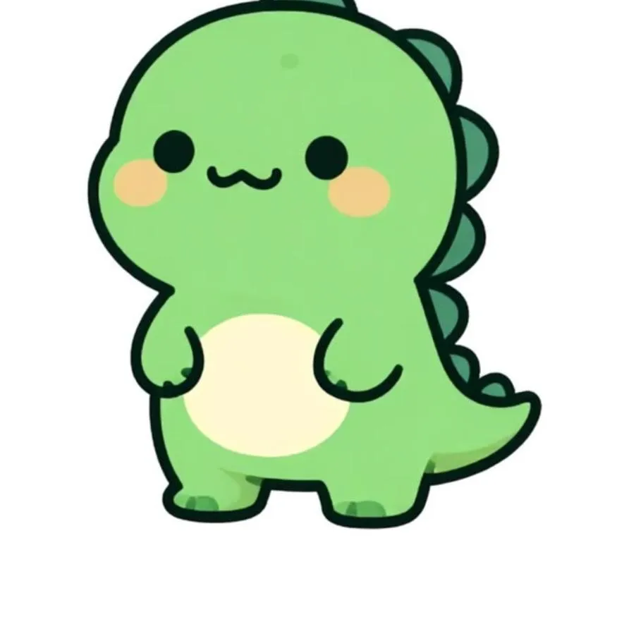 Dinosaur PFP #18: A chubby green cartoon dinosaur with a cream belly, darker green back spikes, rosy cheeks and a tiny smile stands on white.