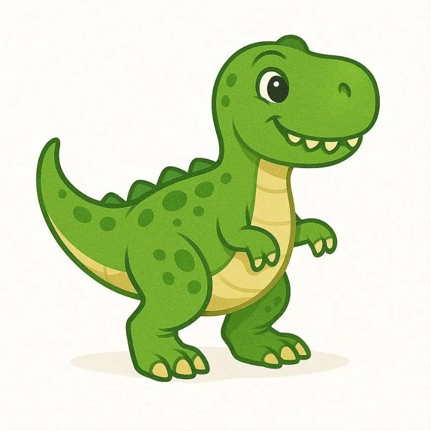 Dinosaur PFP #19: A green cartoon T-Rex with darker spots, a pale yellow belly and a wide toothy smile walks forward on a cream background.