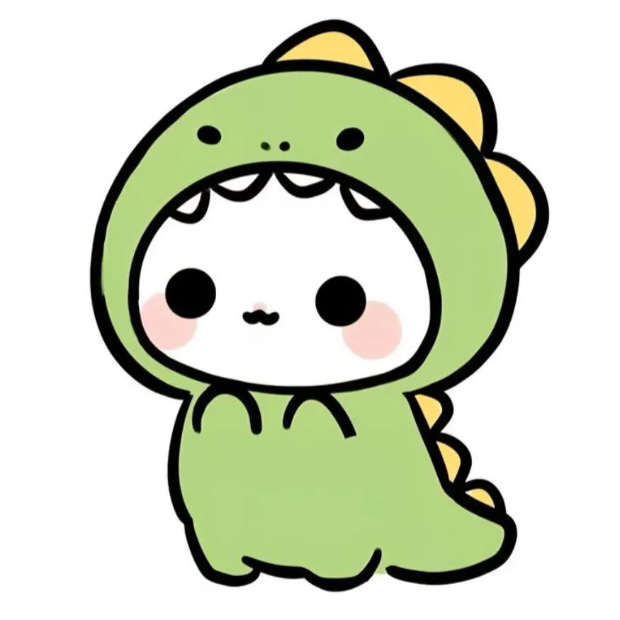 Dinosaur PFP #20: A small white character with round black eyes and pink cheeks peeks out of a green dinosaur hoodie with yellow spikes.
