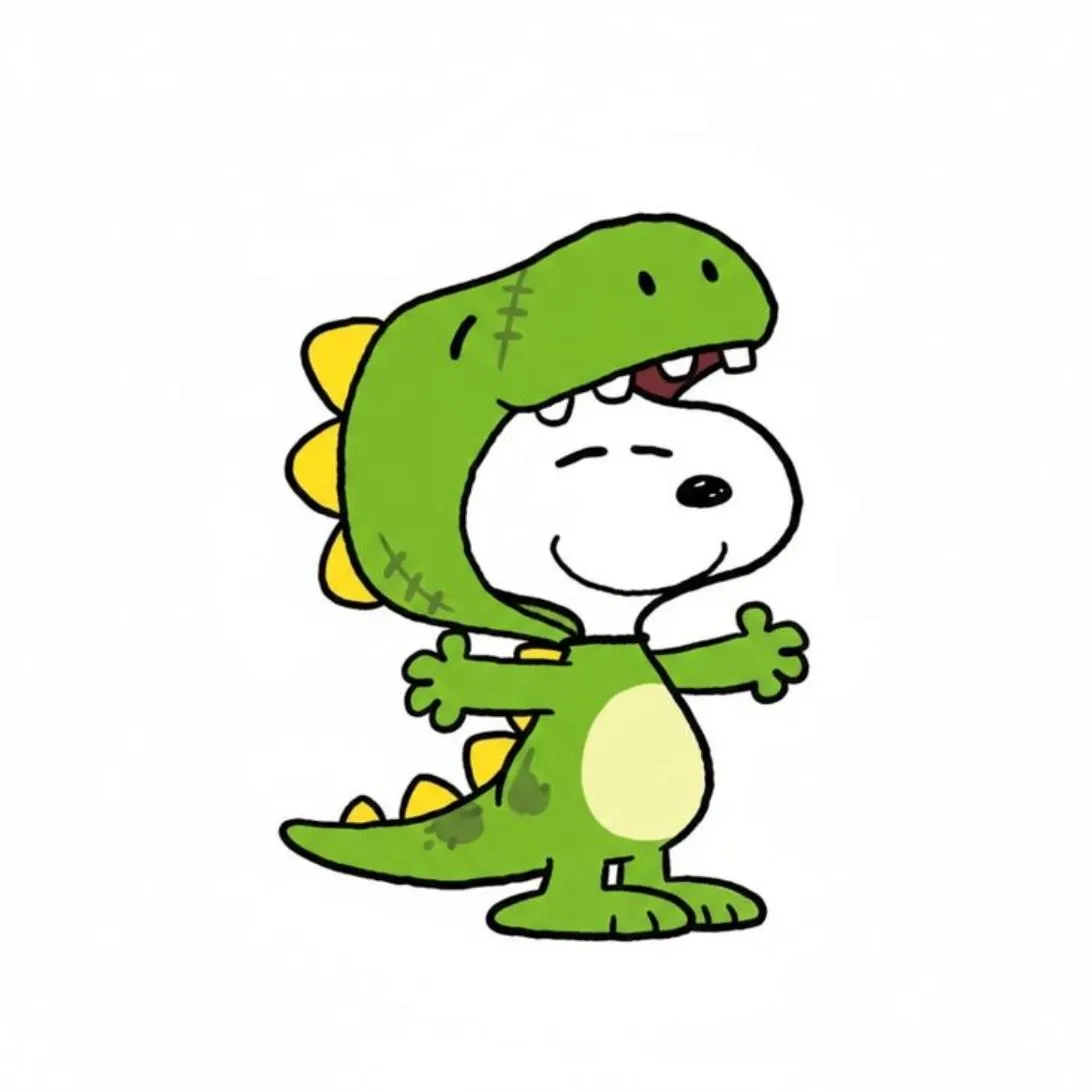 Dinosaur PFP #22: Snoopy smiles with his arms spread wide while wearing a green dinosaur costume with yellow spikes and a toothy hood.