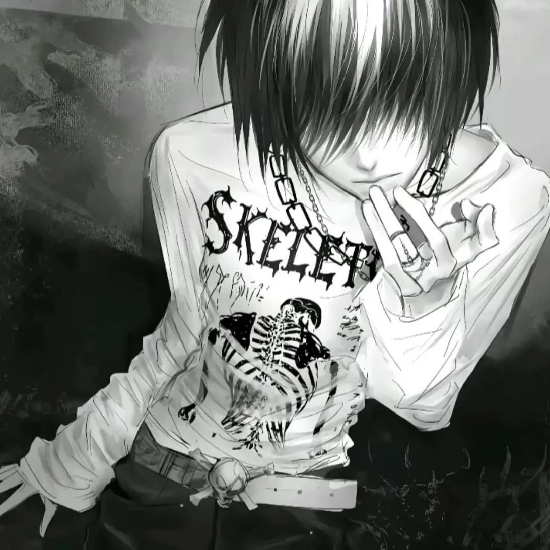 Emo PFP #12: A boy with black and white streaked bangs sits in a skeleton print shirt, chain necklace and studded belt, drawn in grey tones.