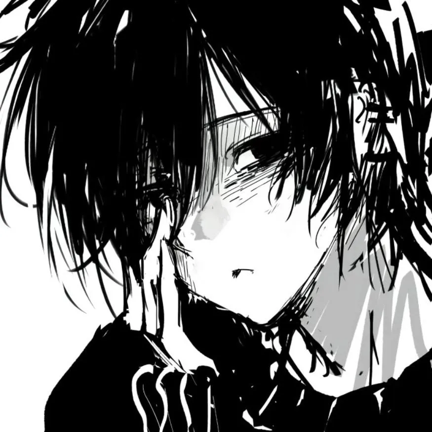 Emo PFP #13: A manga boy with messy black hair covering one eye rests a hand on his cheek and pouts, drawn in stark black and white ink.