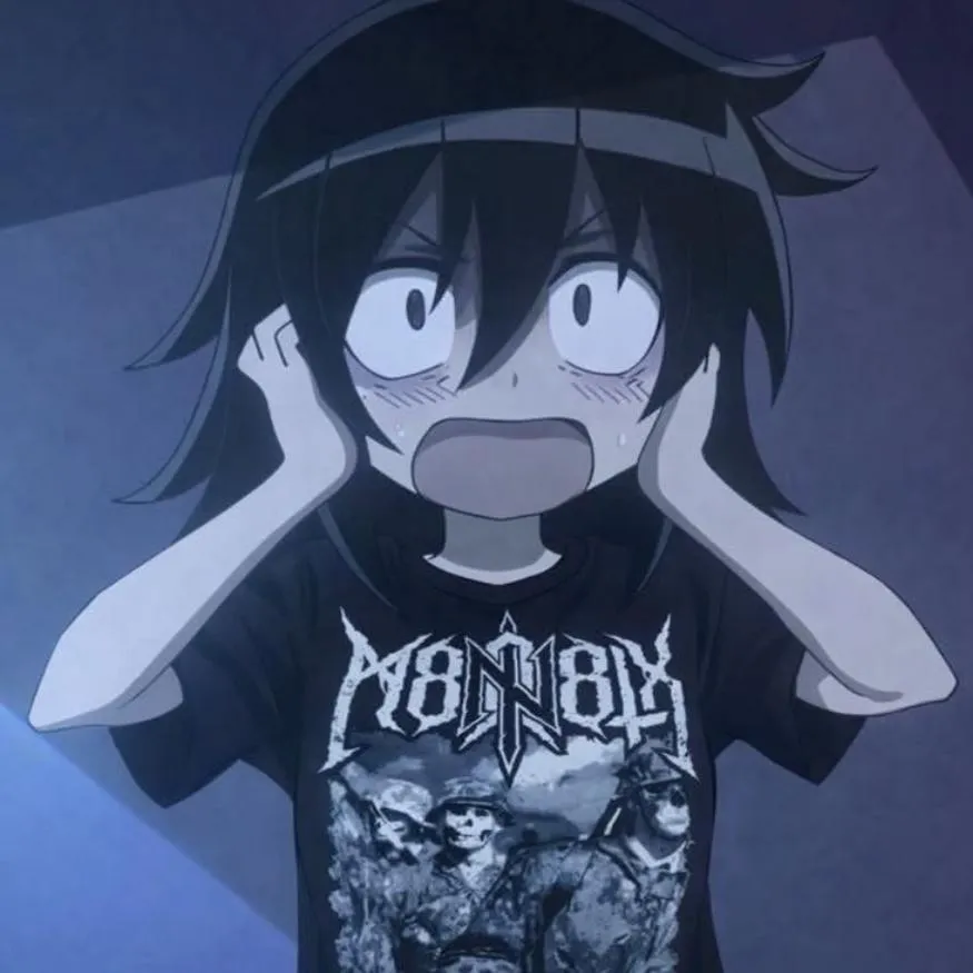 Emo PFP #14: Tomoko Kuroki with messy dark hair and tired eyes holds her cheeks and screams in a black metal band T-shirt under blue light.