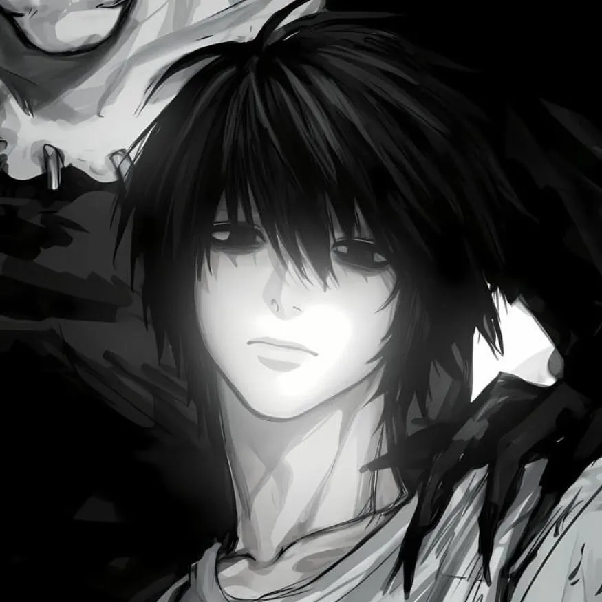Emo PFP #15: A pale boy with shaggy black hair and dark ringed eyes stares ahead while a grinning shinigami looms behind him in grey tones.