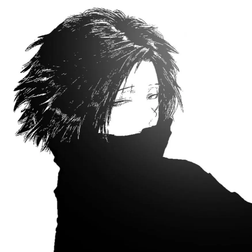 Emo PFP #16: A sketchy ink boy with wild spiky black hair hides his mouth behind a tall black collar against a plain white background.