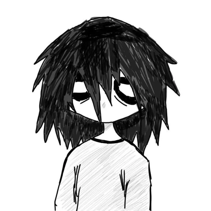 Emo PFP #20: A boy sketched in pencil with long shaggy black bangs and dark ringed eyes peers out in a plain white T-shirt.