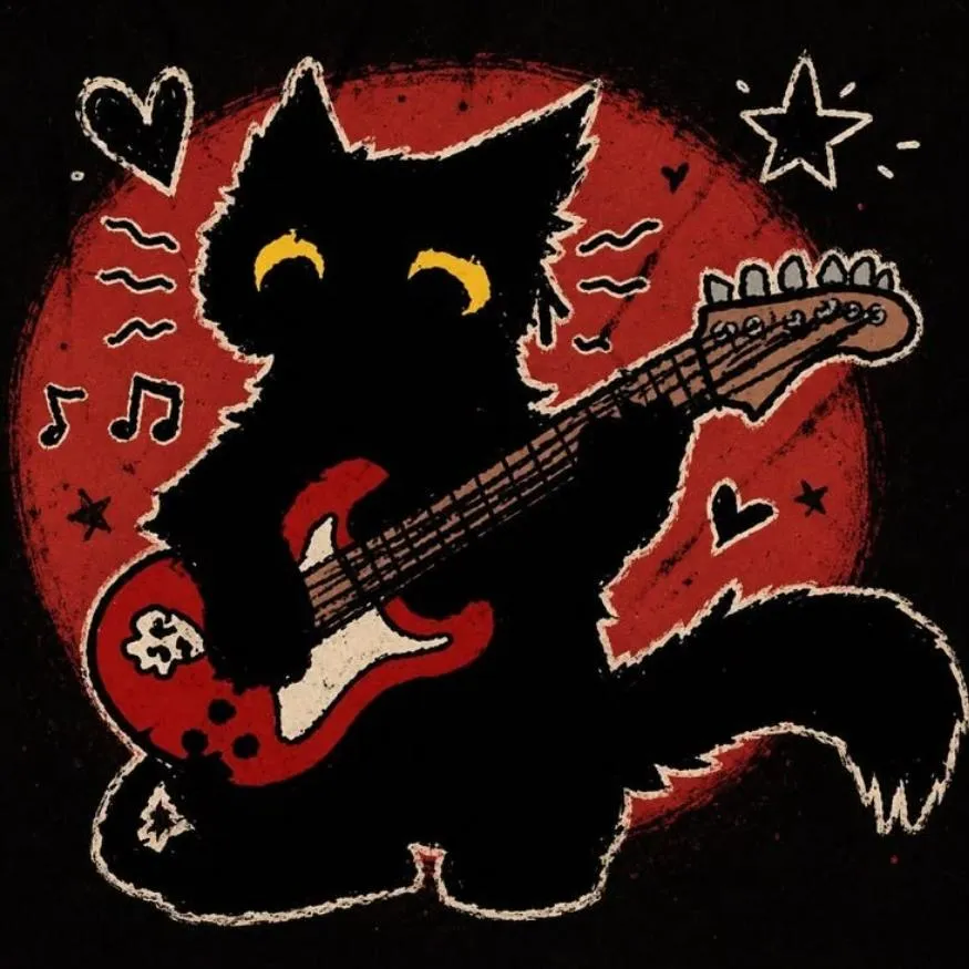 Emo PFP #22: A fluffy black cat with yellow eyes plays a red electric guitar in front of a red circle with hearts, stars and music notes.