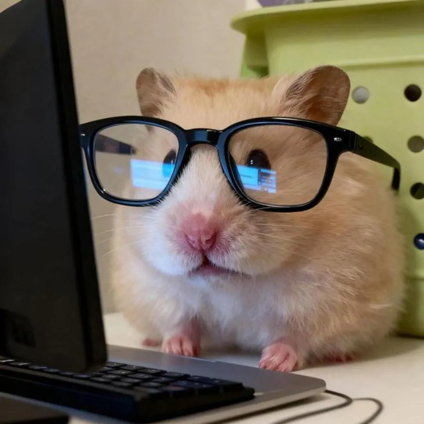 Hamster PFP #17: A golden hamster in black rectangular glasses sits at a desk by a computer monitor and keyboard, the screen reflected in its lenses.