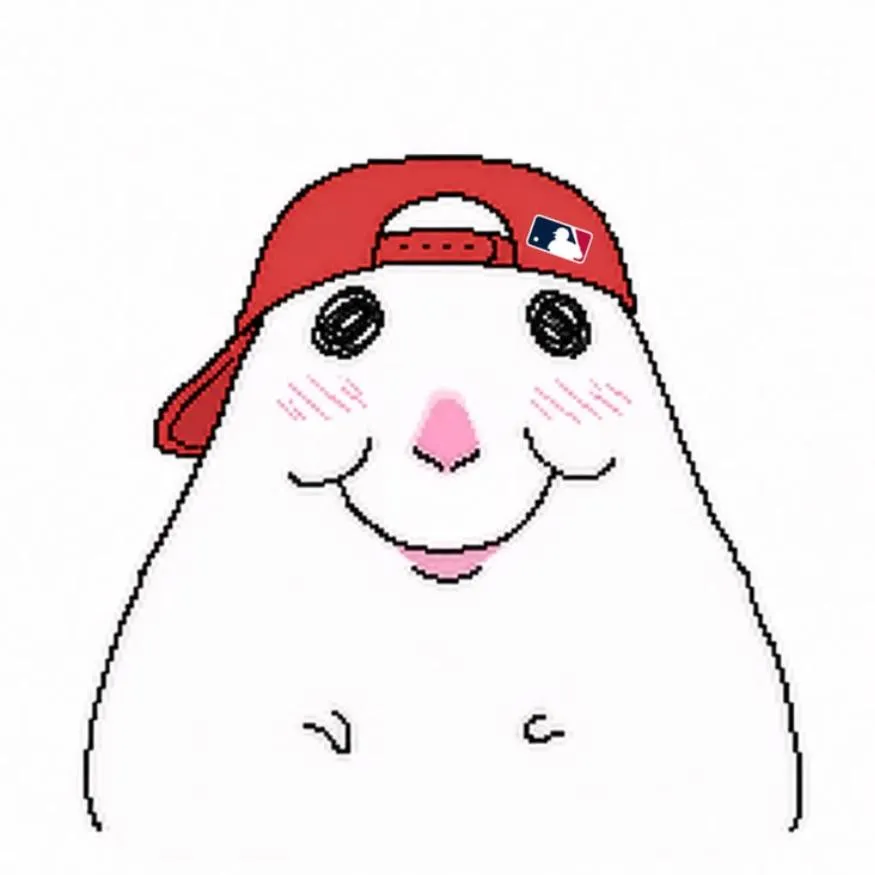 Hamster PFP #18: The white doodle hampter wears a red baseball cap backwards and smiles with blushing cheeks on a plain white background.