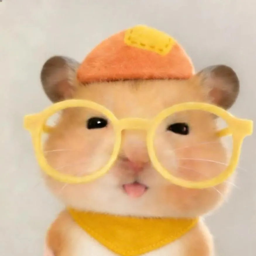 Hamster PFP #21: A golden hamster sticks out its tiny tongue while wearing big yellow glasses, a small orange cap and a yellow bandana.