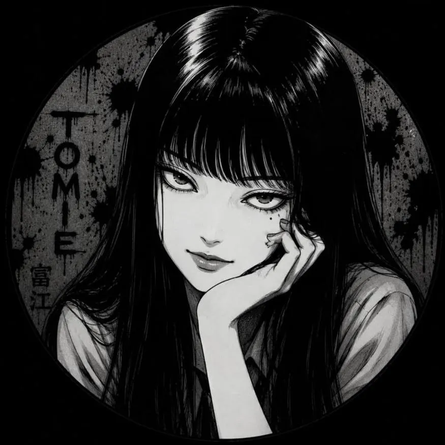 Junji Ito PFP #13: Tomie with long black hair and a sly smile rests her cheek on her hand inside a dark circle printed with her name.