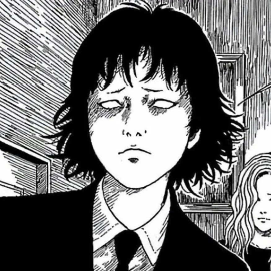 Junji Ito PFP #14: A manga character with shaggy black hair and a sullen sideways glance wears a dark blazer and tie, with a curly haired girl behind.