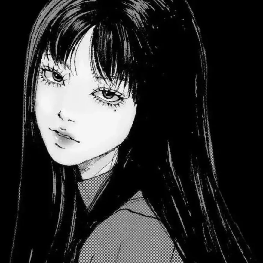 Junji Ito PFP #17: Tomie with long straight black hair, heavy lashes and a mole under her eye looks out with a faint smile against a black background.