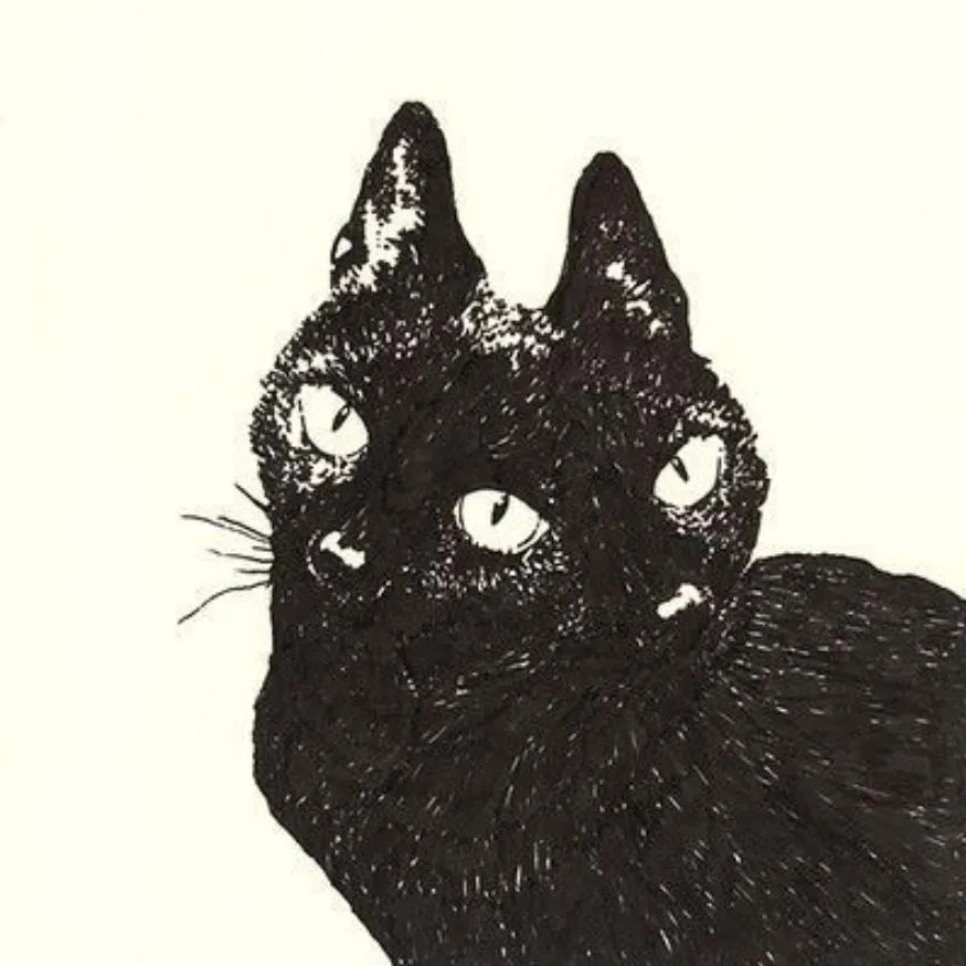 Junji Ito PFP #19: A black ink cat with pointed ears stares out with several pale glowing eyes across its face on a plain cream background.