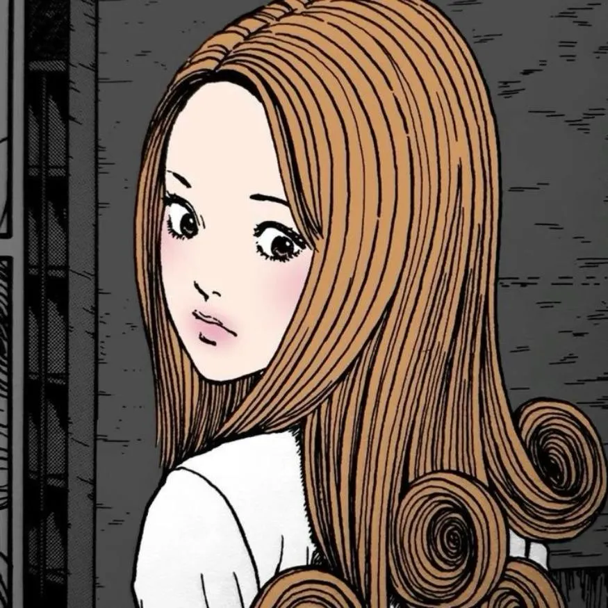 Junji Ito PFP #21: A coloured drawing of Kirie looking over her shoulder with long brown hair curling into spirals and a white top against a dark wall.