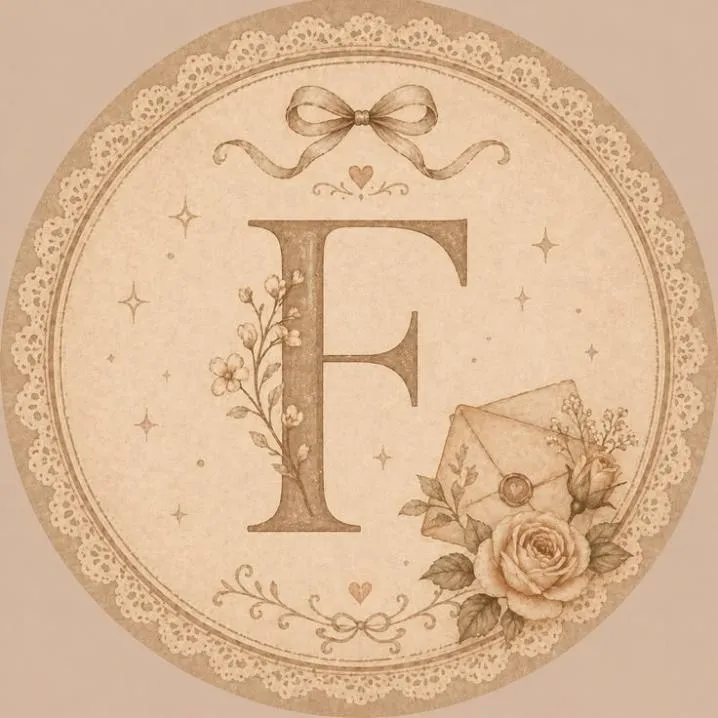 Letter PFP #100: A vintage beige letter F with roses, a ribbon bow and a sealed envelope sits in a round lace edged badge.