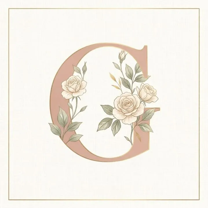 Letter PFP #102: A dusty pink letter G entwined with cream roses and sage leaves sits inside a thin gold frame on cream paper.