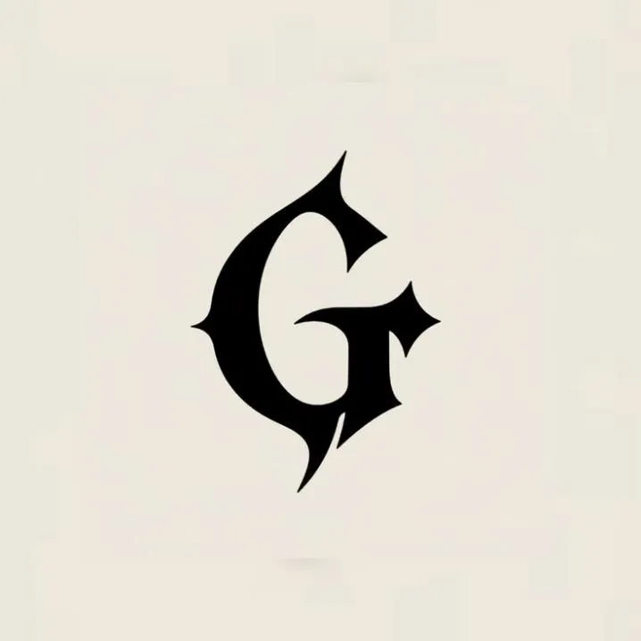 Letter PFP #104: A black gothic letter G with sharp spiky points stands alone on a soft cream background.