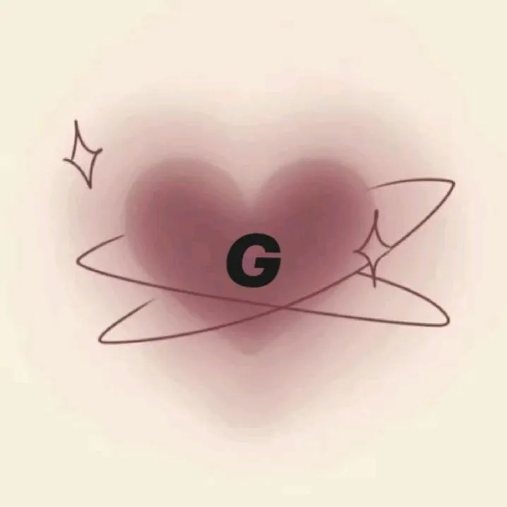 Letter PFP #105: A bold black letter G sits on a blurred mauve heart circled by thin orbit lines and sparkles on cream.