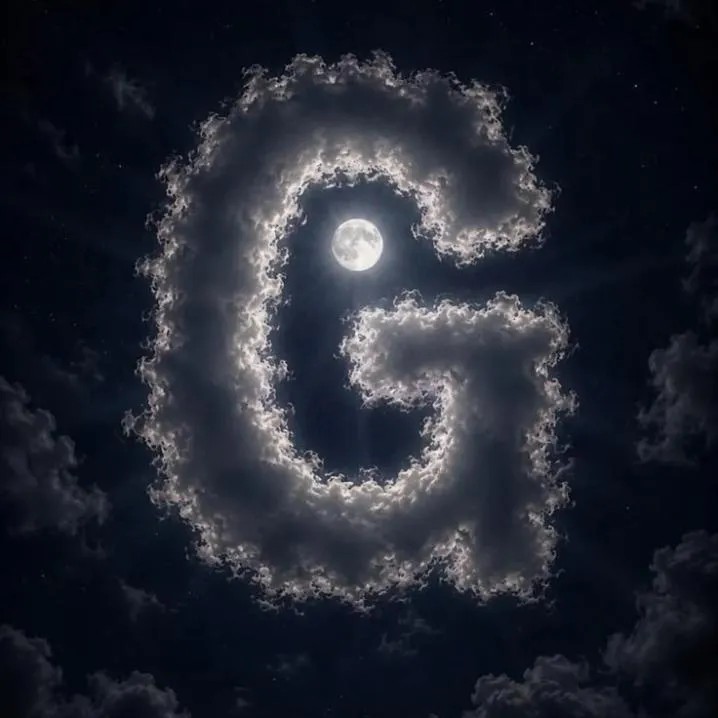 Letter PFP #106: A letter G made of fluffy white clouds glows around a full moon in a dark night sky.