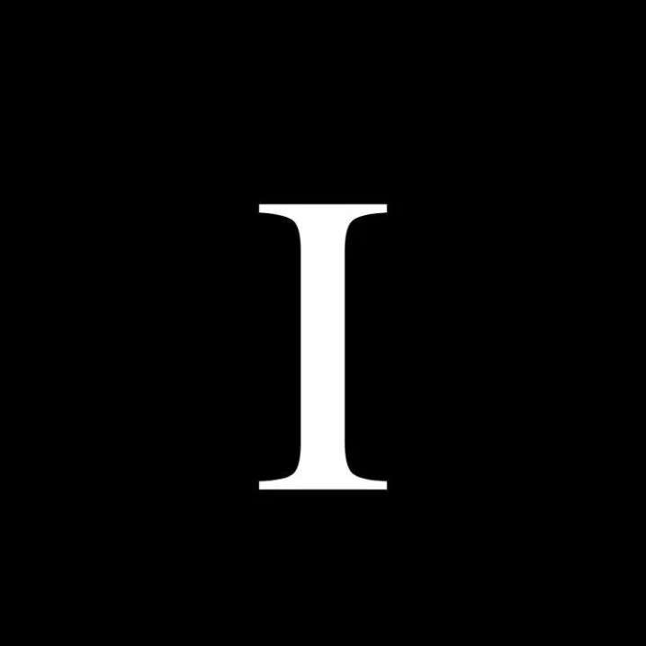 Letter PFP #109: A tall white serif capital letter I stands alone in the middle of a plain black background.