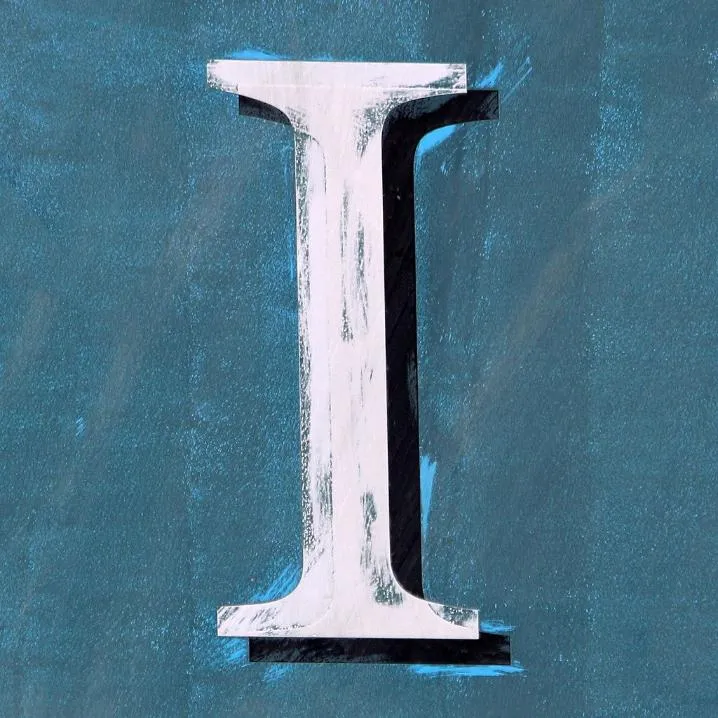 Letter PFP #111: A tall white letter I painted with rough brushstrokes and a black shadow stands on a weathered teal background.