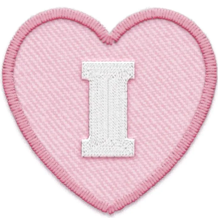 Letter PFP #112: A white embroidered letter I sits on a pink stitched heart patch with a twill texture and a raised pink border.