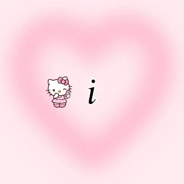 Letter PFP #114: A small italic letter i sits beside a winking Hello Kitty holding a pink phone inside a soft blurred pink heart.