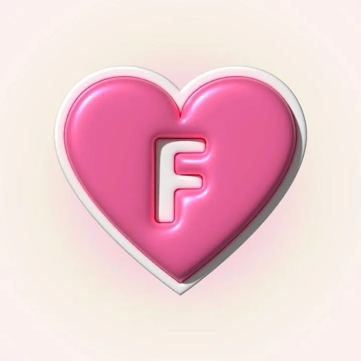 Letter PFP #115: A puffy glossy pink heart outlined in white shows a cut out letter F in the middle on a pale cream background.