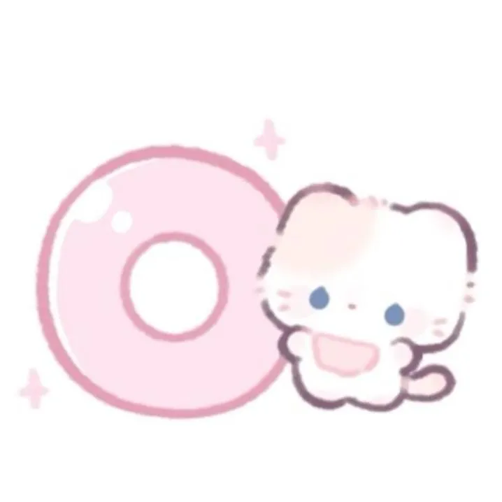 Letter PFP #117: A pale pink bubble letter O with a shiny highlight sits next to a small white kitten with blue eyes on white.
