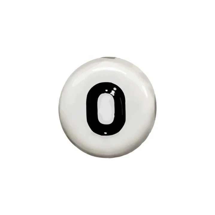 Letter PFP #119: A glossy black letter O is printed on a round white bead that sits on a plain white background.