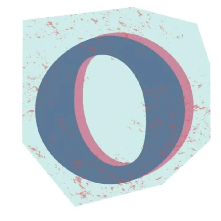 Letter PFP #121: A slate blue letter O with a pink shadow sits on a torn mint paper cutout speckled with pink.