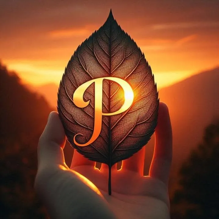 Letter PFP #124: A glowing gold script letter P sits on a dark veined leaf held in a hand against an orange sunset over hills.