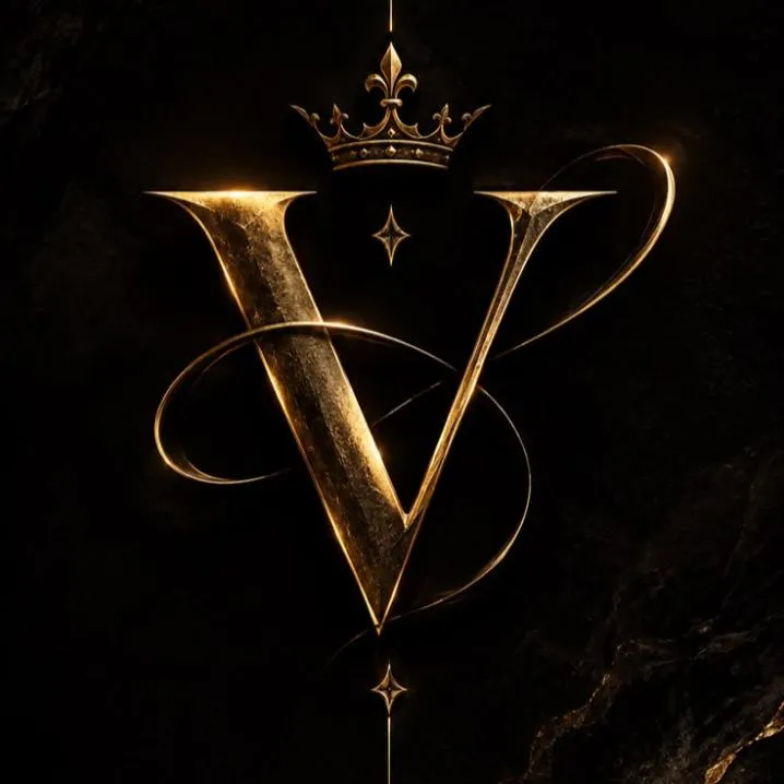 Letter PFP #130: An ornate gold letter V with a swirling ring and a small gold crown above it glows on dark black marble.