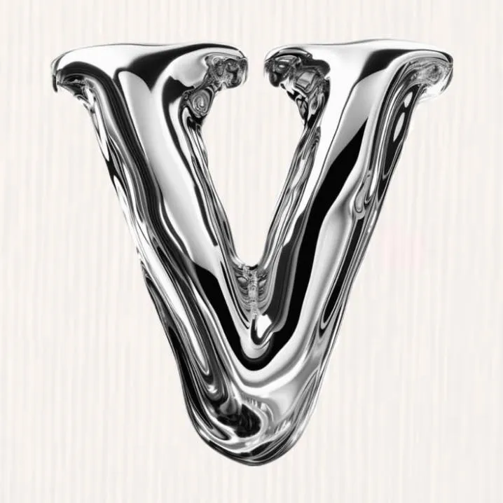 Letter PFP #131: A melted liquid chrome letter V with shiny drips and reflections stands on an off white textured background.