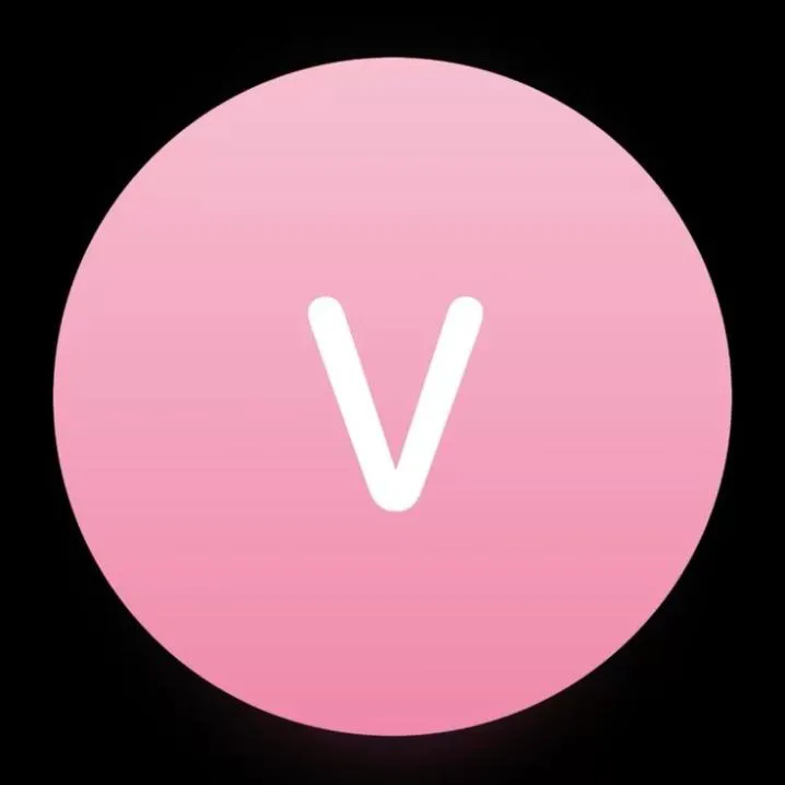 Letter PFP #132: A white rounded letter V sits in the middle of a soft pink gradient circle on a black background.