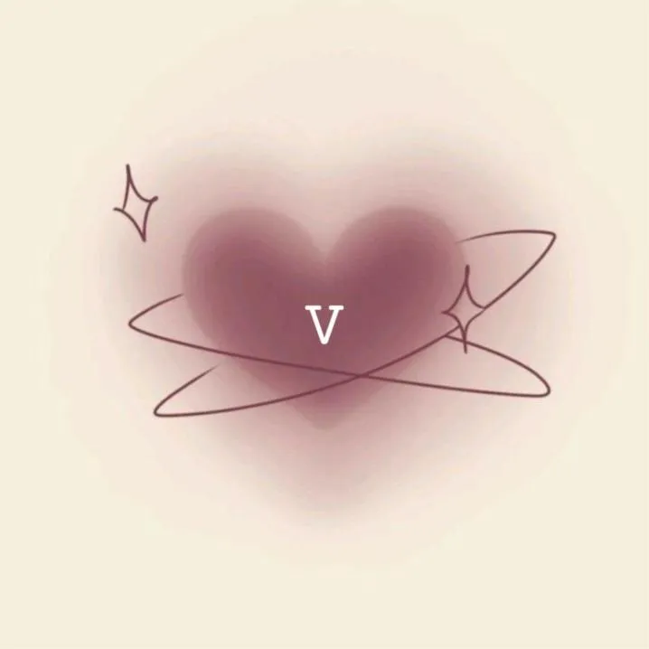 Letter PFP #133: A small white serif letter V sits on a blurred mauve heart with thin orbit lines and sparkles on cream.