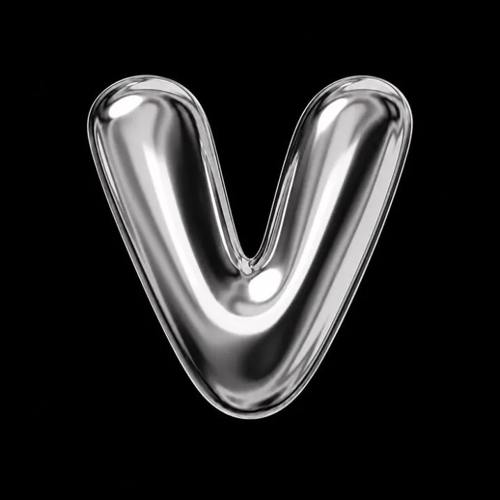 Letter PFP #134: A puffy chrome balloon letter V with bright silver reflections floats on a plain black background.