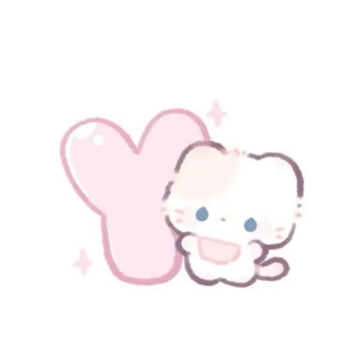 Letter PFP #138: A pale pink bubble letter Y leans beside a small white kitten with blue eyes and an open smile on white.