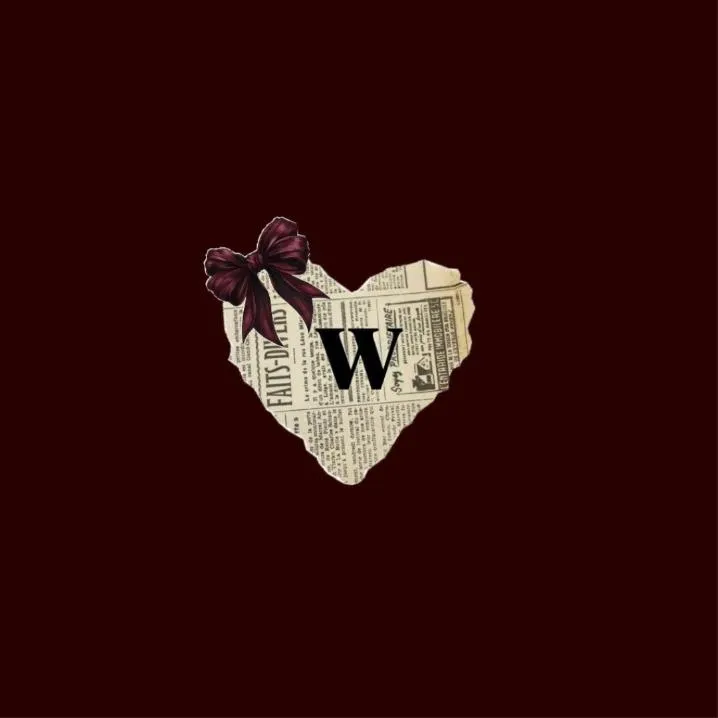 Letter PFP #144: A black serif letter W sits on a torn newspaper heart with a dark red bow, set on deep maroon.