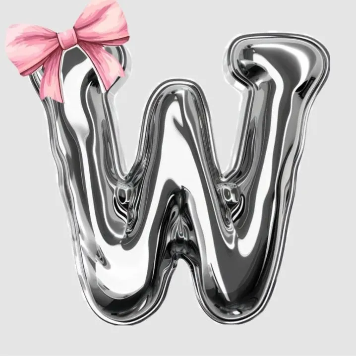 Letter PFP #145: A melted chrome letter W with a pale pink bow on its top left corner sits on a light grey background.