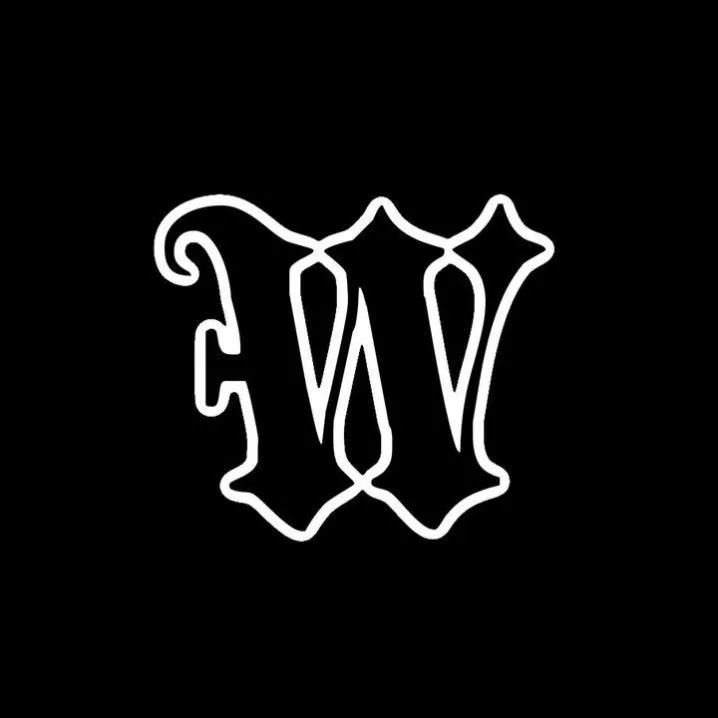 Letter PFP #148: A gothic letter W drawn in thick white outline with pointed curls stands on a plain black background.