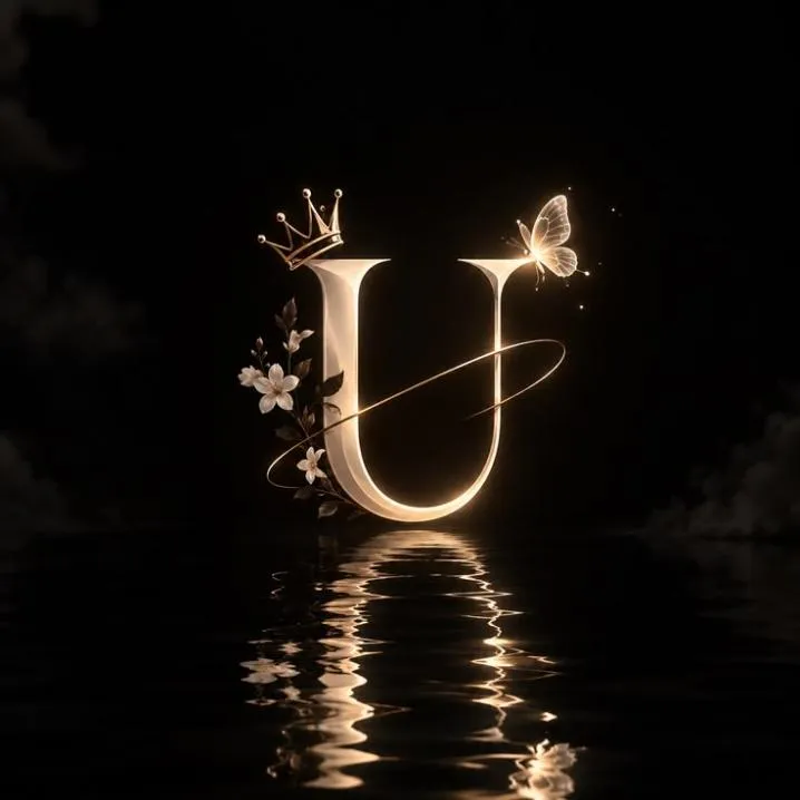 Letter PFP #152: A glowing gold letter U with a crown, a butterfly and white flowers reflects in dark water at night.
