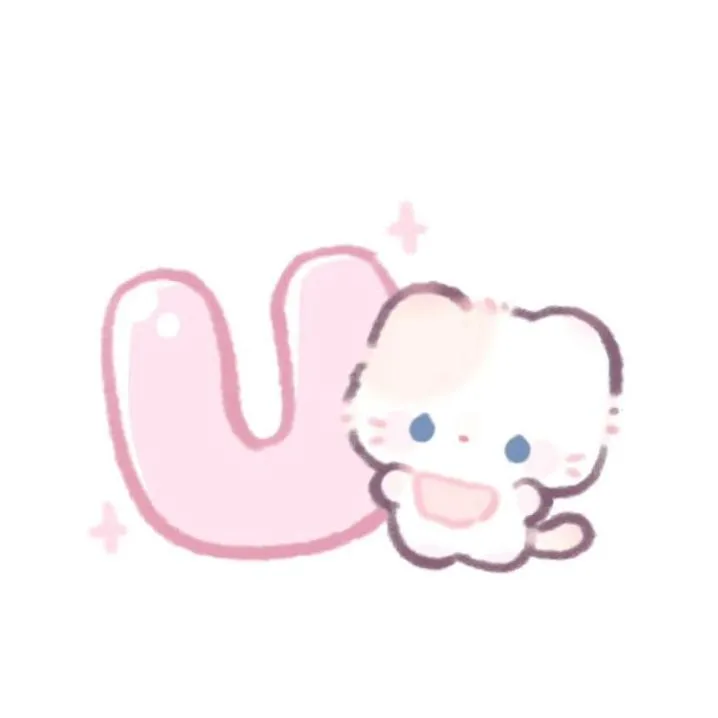Letter PFP #155: A pale pink bubble letter U sits beside a small white kitten with blue eyes and pink sparkles on white.