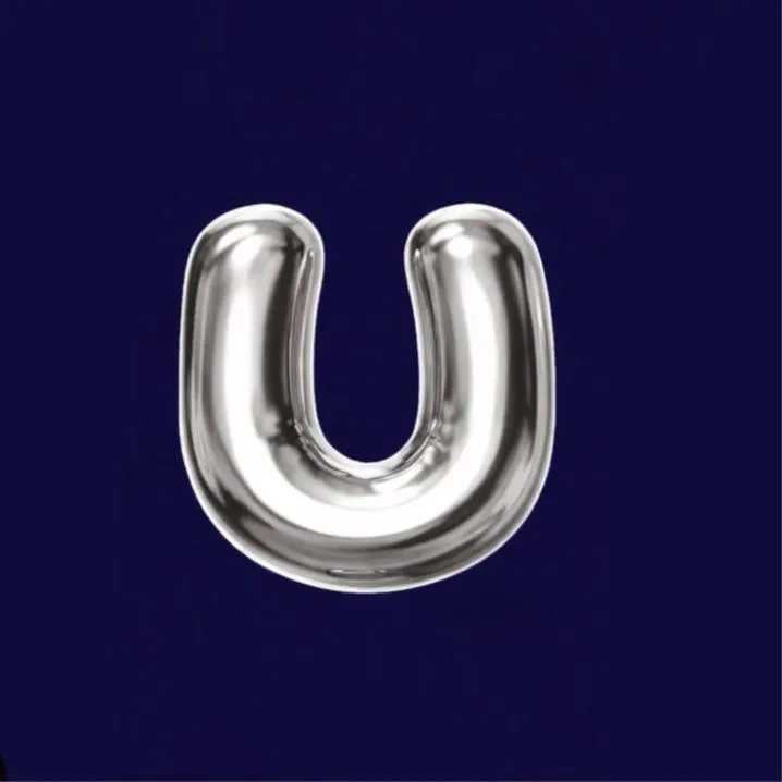 Letter PFP #156: A puffy chrome balloon letter U with mirror like silver reflections sits on a dark navy blue background.