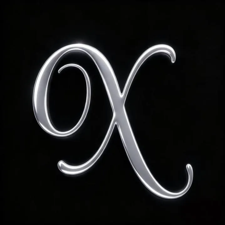 Letter PFP #159: A shiny silver script letter X with a looped stroke curves across a plain black background.